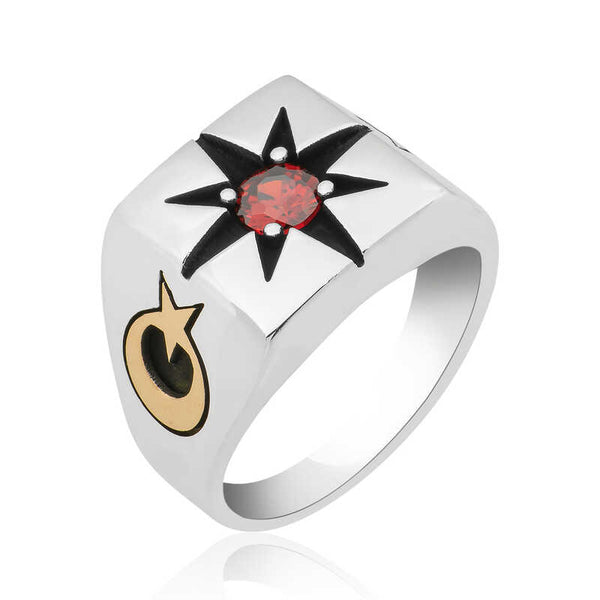 Men's Gemmed Pole Star Design Silver Ring