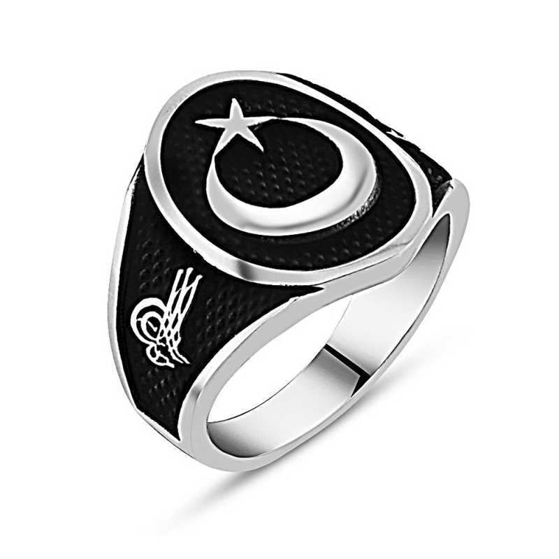 Men's Crescent Star Design Silver Ring