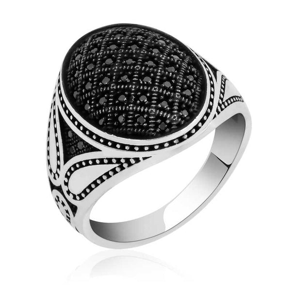 Men's Black Zircon Gemmed Silver Ring