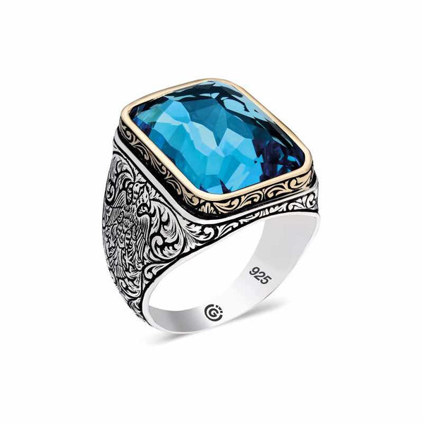 Men's Square Figure Turquoise Stone Silver Ring
