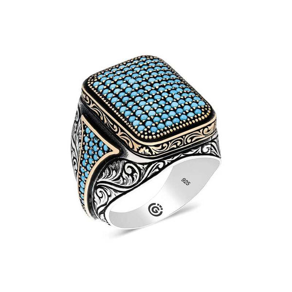 Men's Turquoise Zircon Gemmed Silver Ring