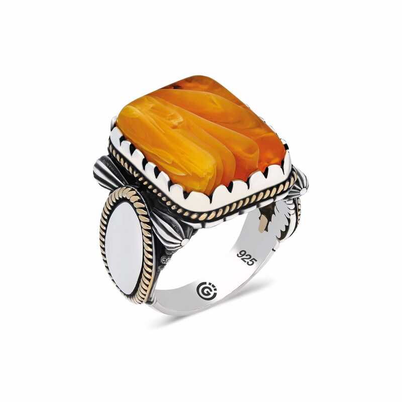 Men's Orange Tiger Eye Stone Silver Ring