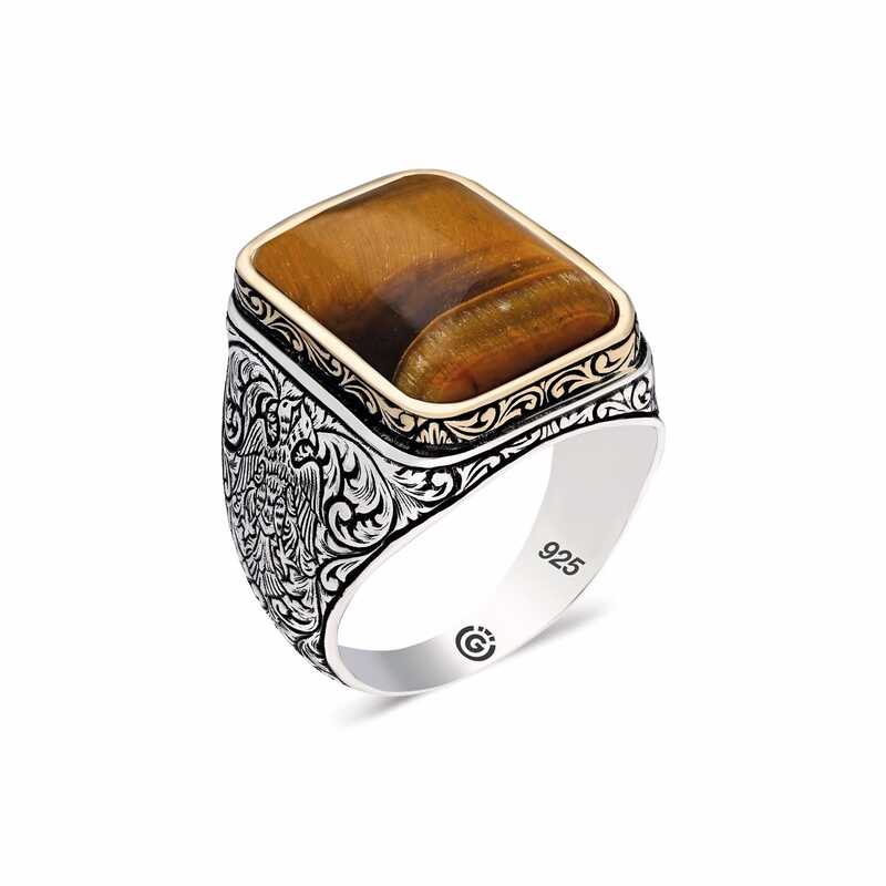 Men's Square Figure Orange Amber Stone Silver Ring