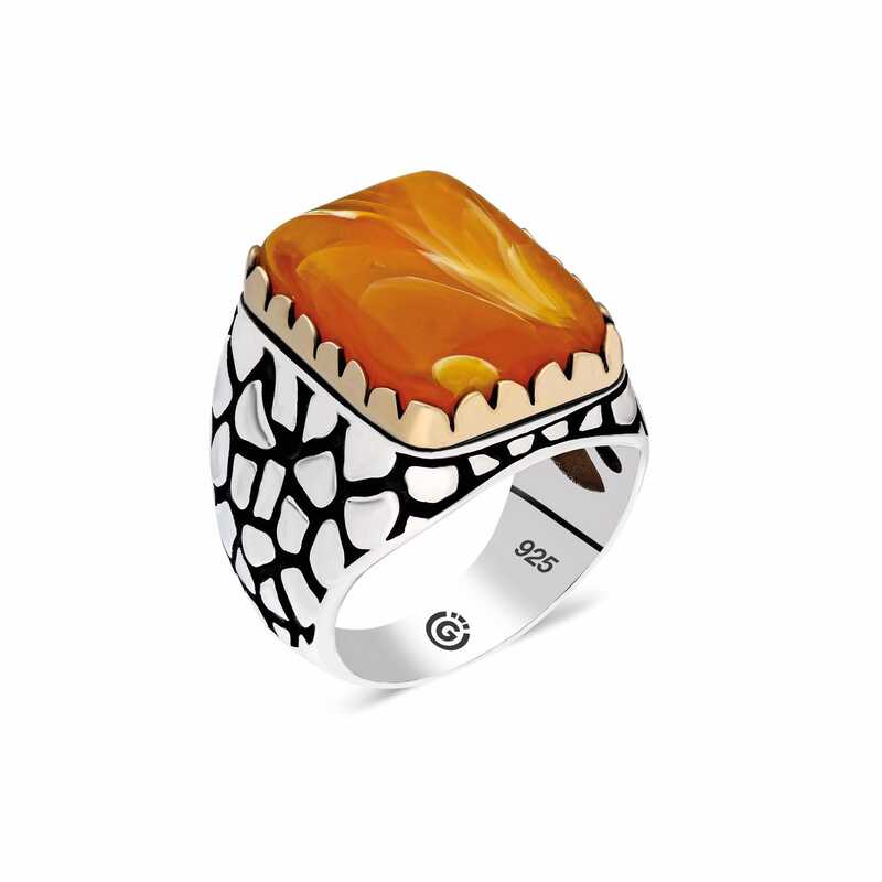 Men's Square Figure Orange Amber Stone Silver Ring