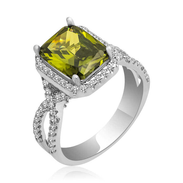 Women's Green Baguette Gemmed Silver Ring