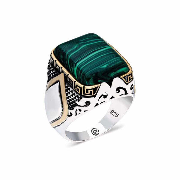 Men's Square Figure Green Amber Stone Silver Ring