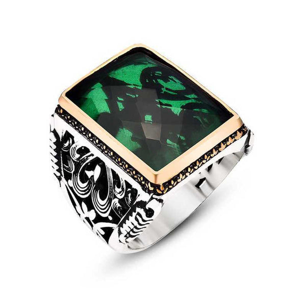 Men's Green Zircon Gemmed Silver Ring