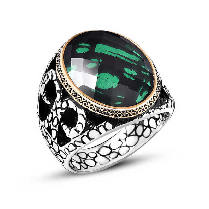 Men's Green Zircon Gemmed Silver Ring