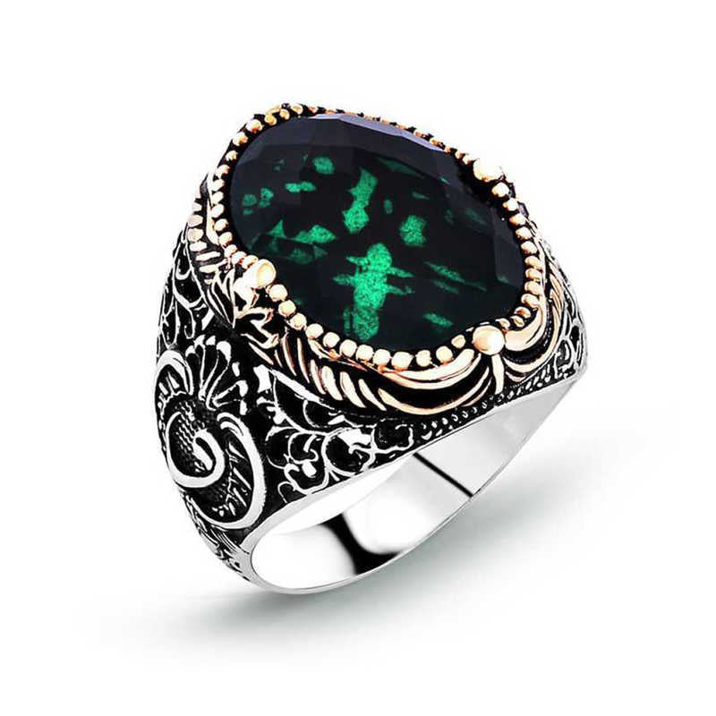 Men's Green Zircon Gemmed Silver Ring