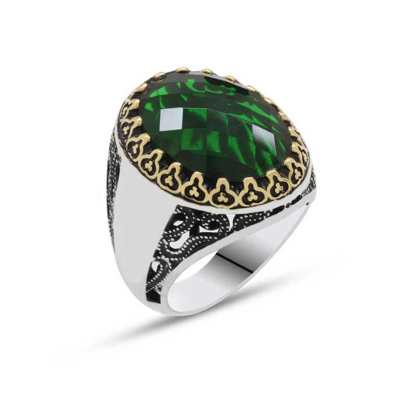 Men's Green Zircon Gemmed Silver Ring