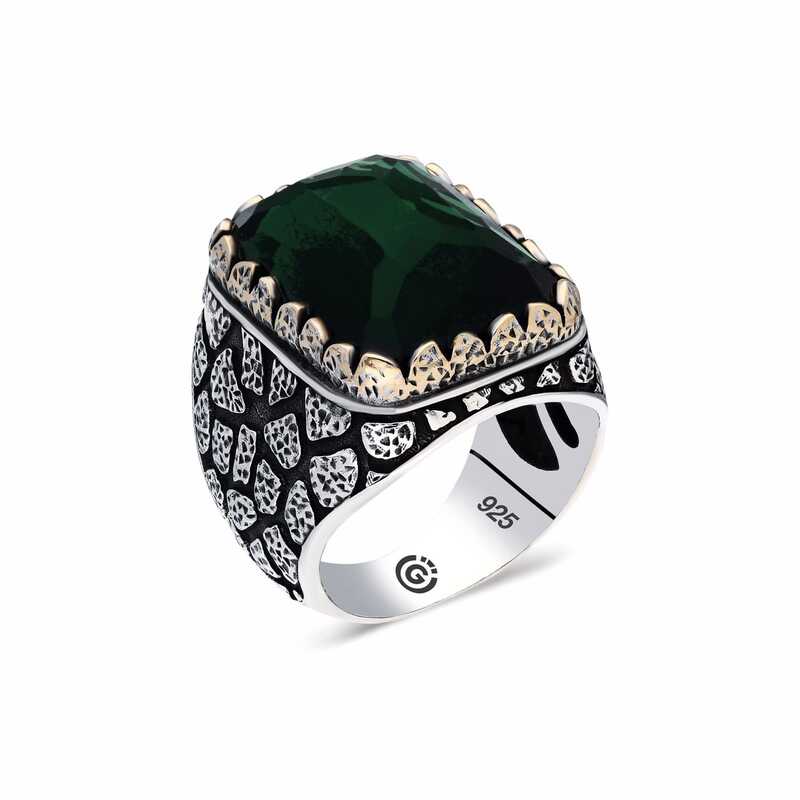 Men's Green Zircon Gemmed Silver Ring