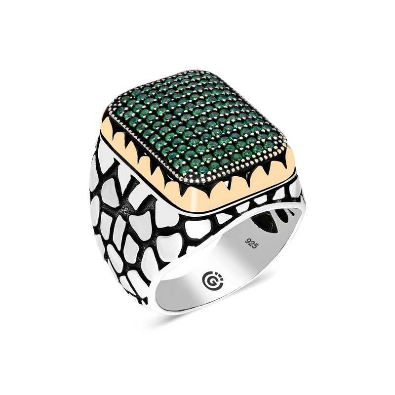 Men's Green Zircon Gemmed Silver Ring