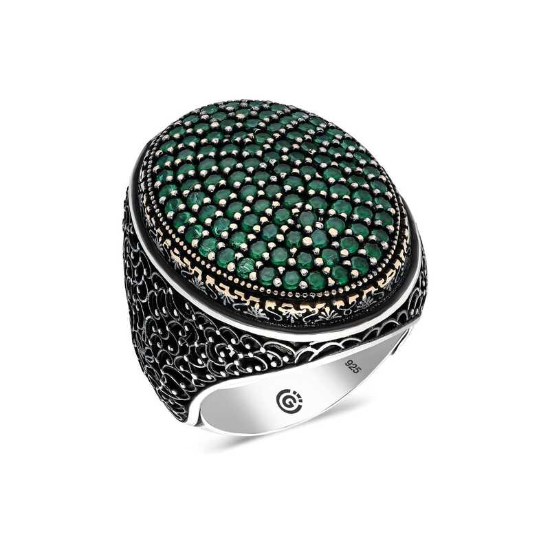 Men's Green Zircon Gemmed Silver Ring