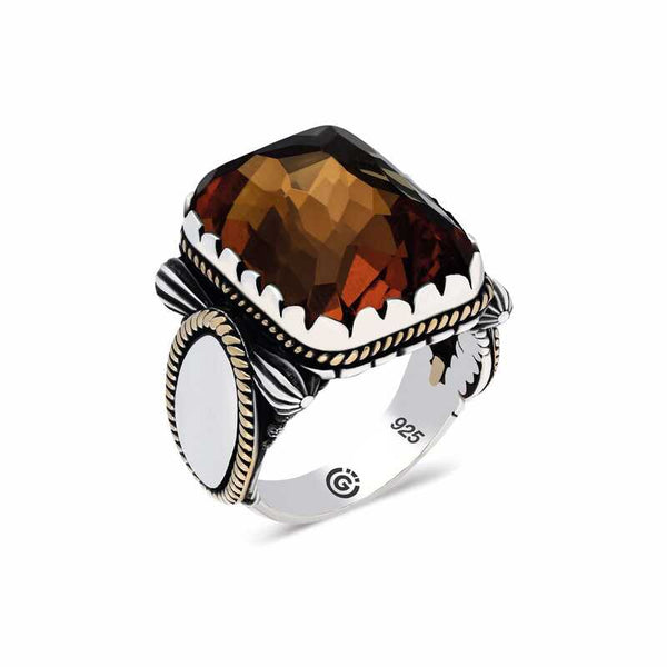 Men's Square Figure Agate Zircon Gemmed Silver Ring