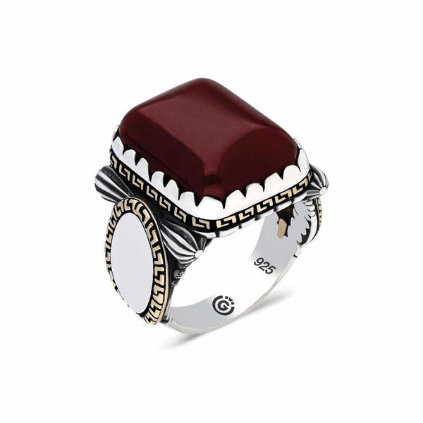 Men's Claret Red Agate Gemmed Silver Ring