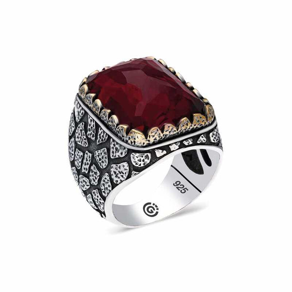Men's Square Figure Claret Red Zircon Gem Silver Ring