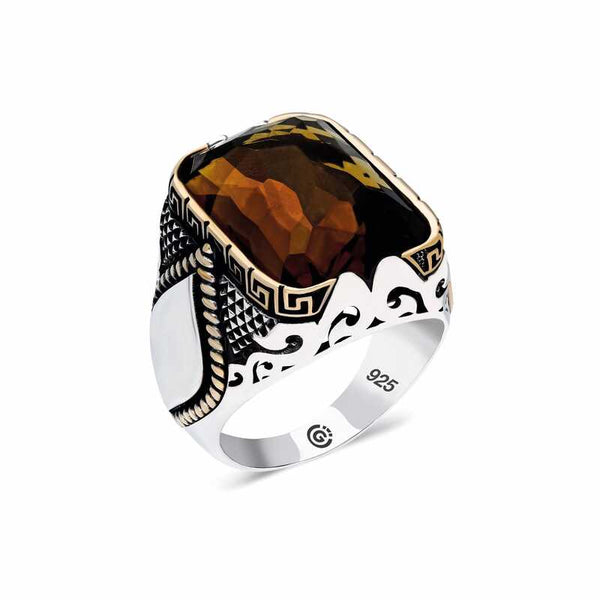 Men's Zircon Brown Agate Gemmed Silver Ring