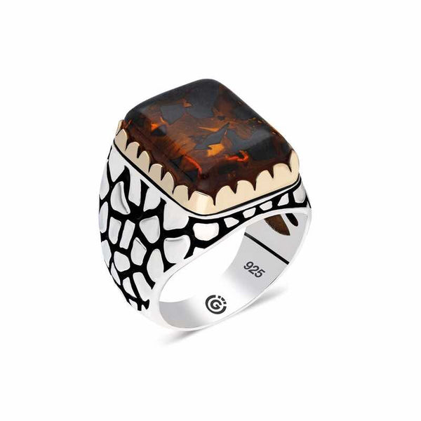 Men's Square Figure Brown Zircon Gem Silver Ring