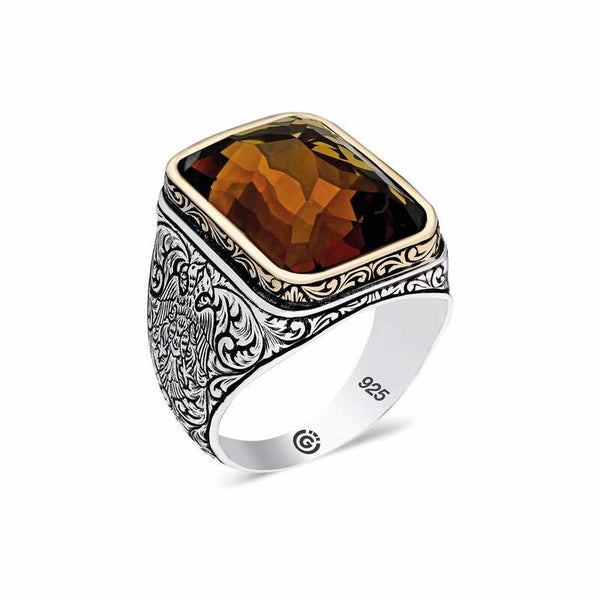 Men's Square Figure Brown Zircon Gemmed Silver Ring