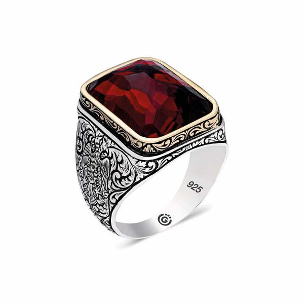Men's Square Figure Red Zircon Gemmed Silver Ring
