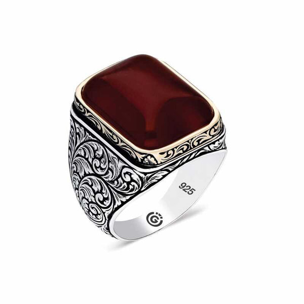 Men's Square Figure Claret Red Zircon Gemmed Silver Ring