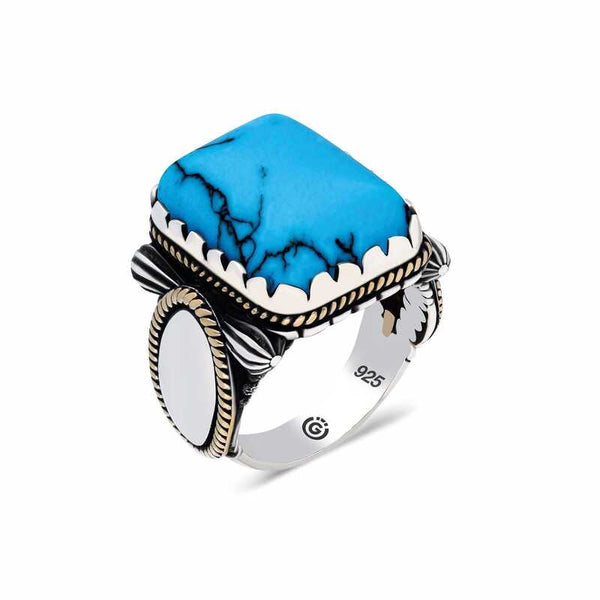 Men's Square Figure Turquoise Zircon Gemmed Silver Ring