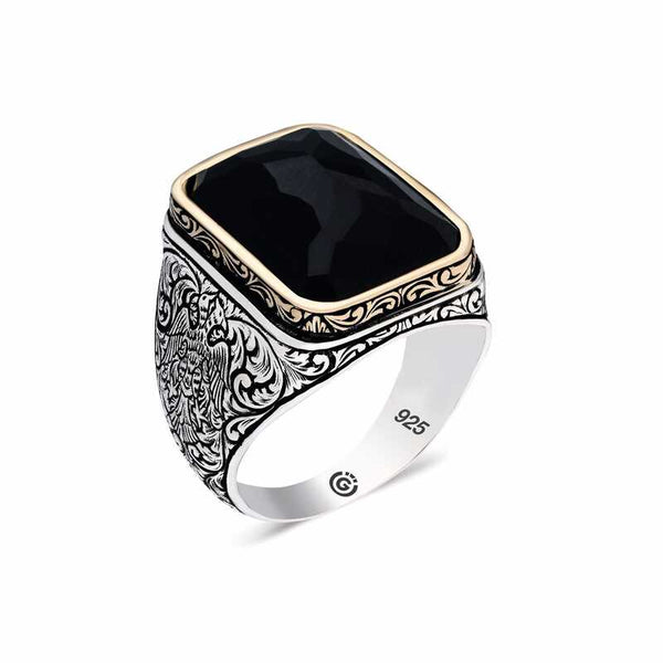 Men's Square Figure Black Zircon Gemmed Silver Ring