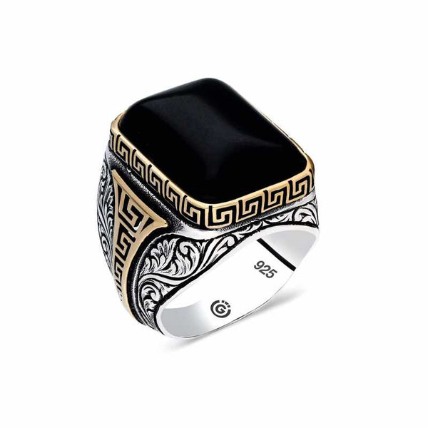 Men's Square Figure Black Zircon Gemmed Silver Ring