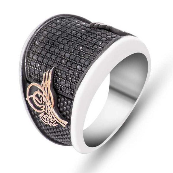 Men's Tughra Design Black Gemmed Silver Ring