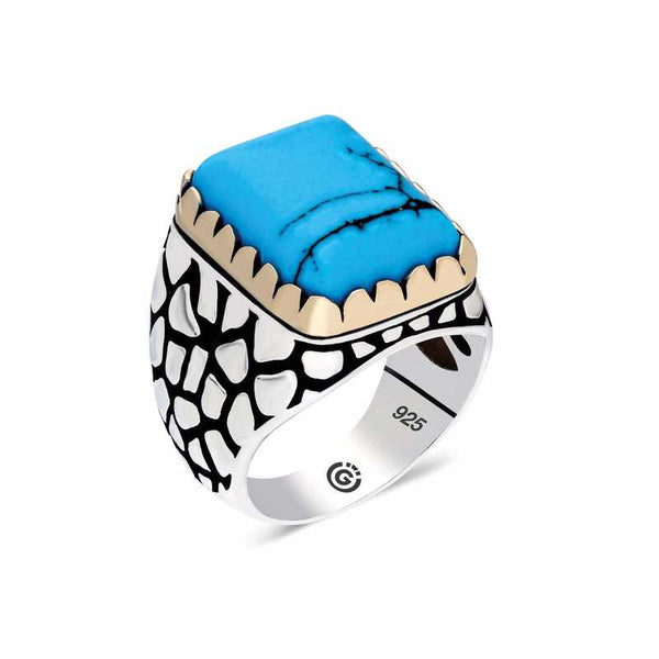 Men's Square Figure Turquoise Zircon Gemmed Silver Ring