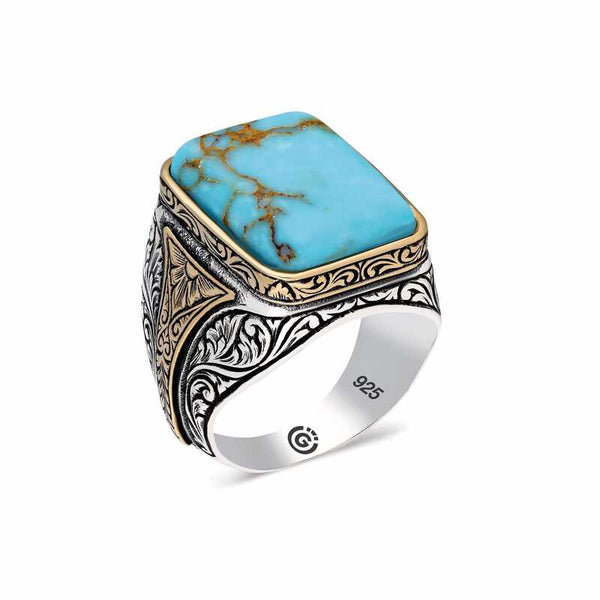 Men's Square Figure Turquoise Zircon Gem Silver Ring