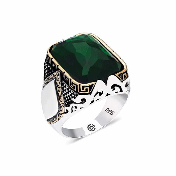Men's Square Figure Green Zircon Gemmed Silver Ring