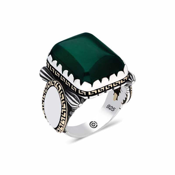 Men's Square Figure Green Zircon Gemmed Silver Ring