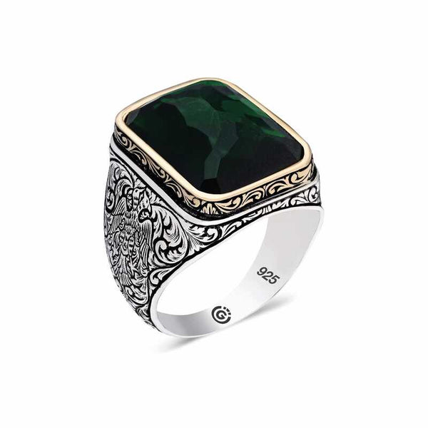 Men's Square Figure Green Zircon Gemmed Silver Ring
