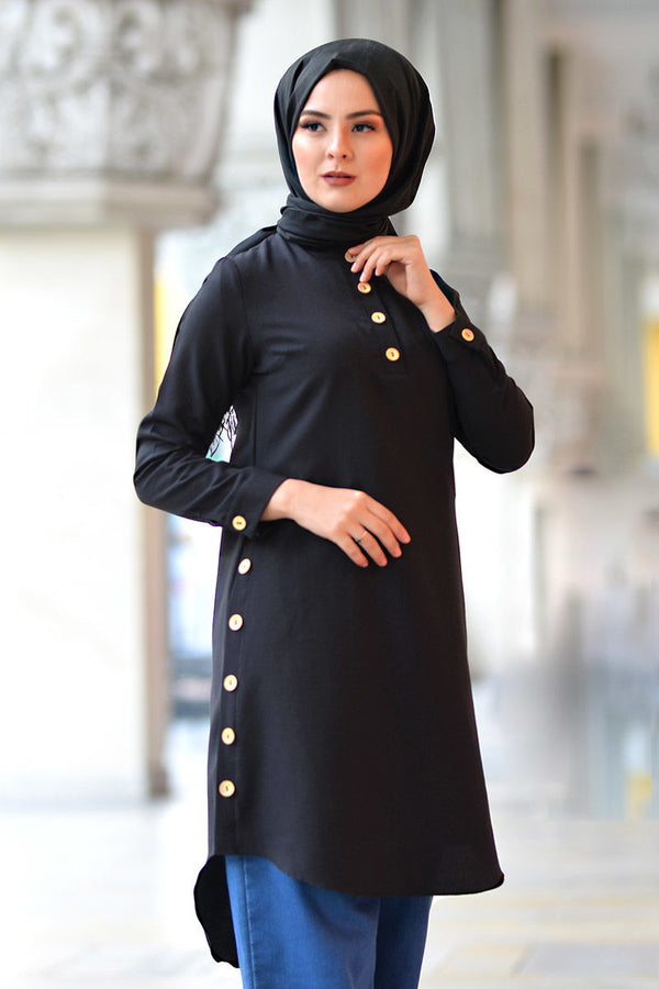 Women's Crew Neck Button Black Modest Tunic