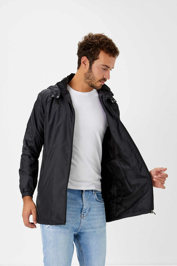 Men's Hooded Black Raincoat / Windbreaker