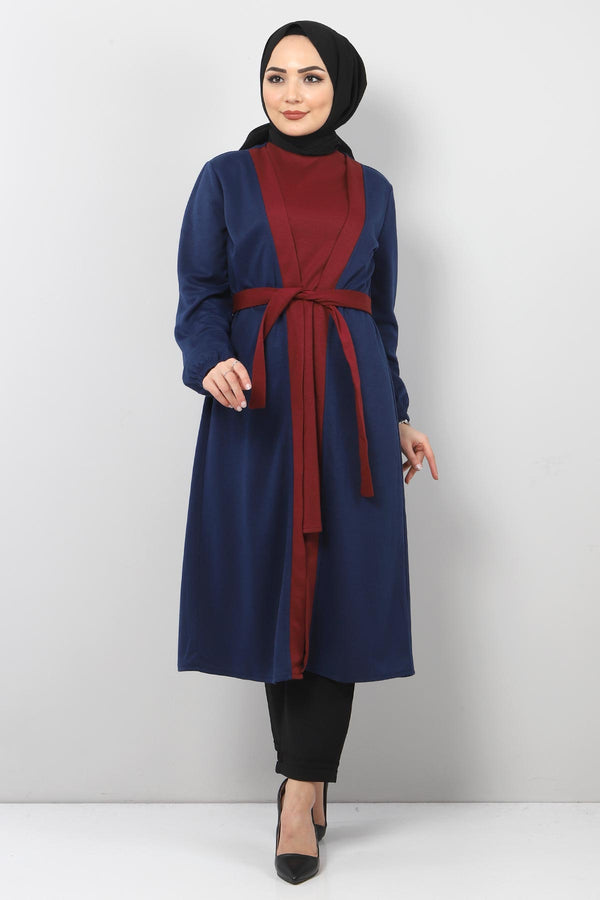 Women's Claret Red Tunic & Indigo Cardigan Set