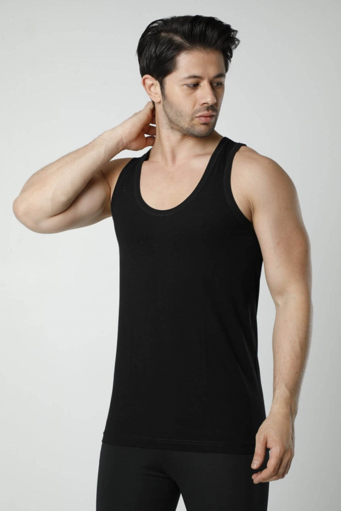 Men's Black Cotton Sleeveless Undershirt