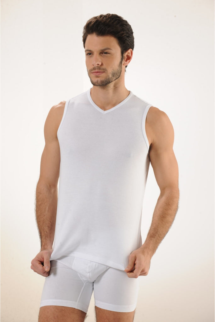 Men's White Cotton Sleeveless Undershirt - 3 Pieces