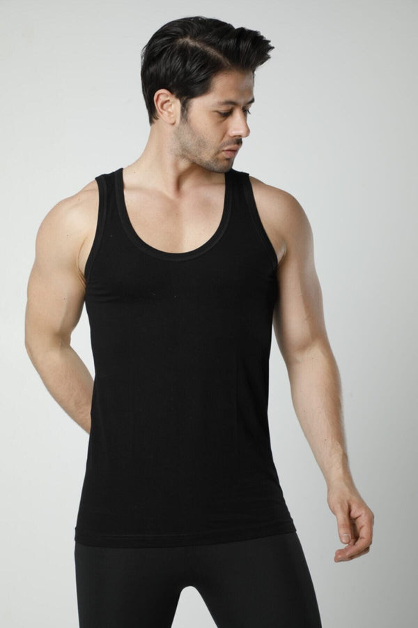Men's Black Cotton Sleeveless Undershirt - 3 Pieces