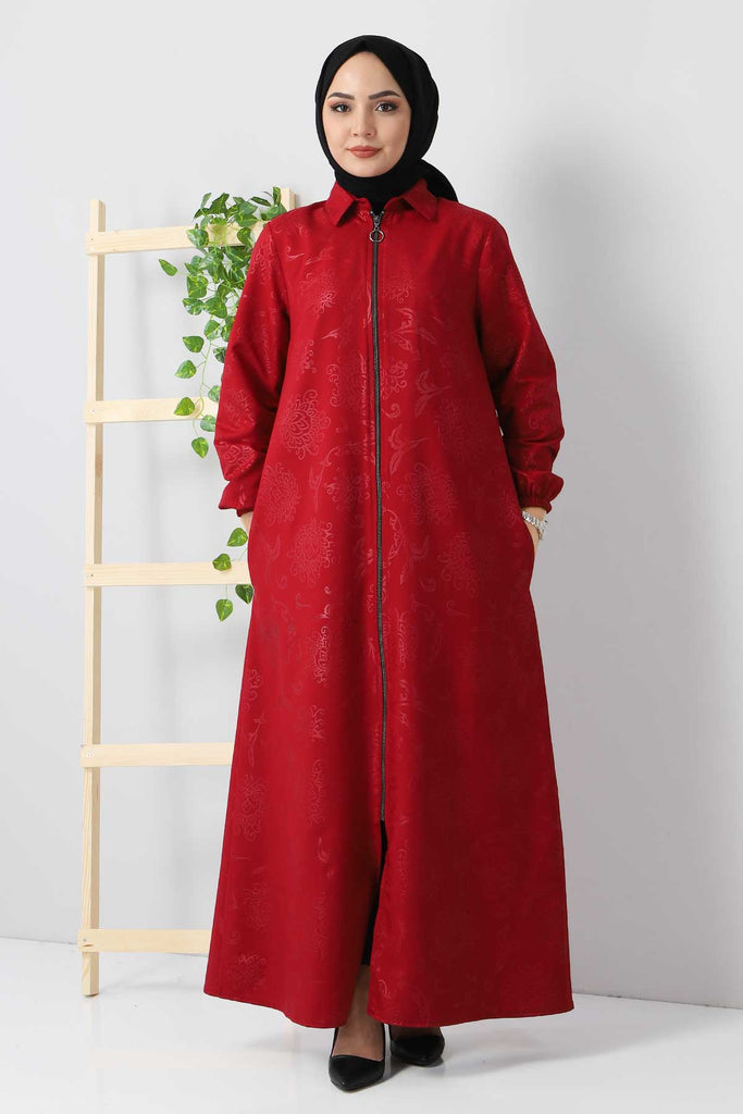 Women's Claret Red Jacquard Abaya