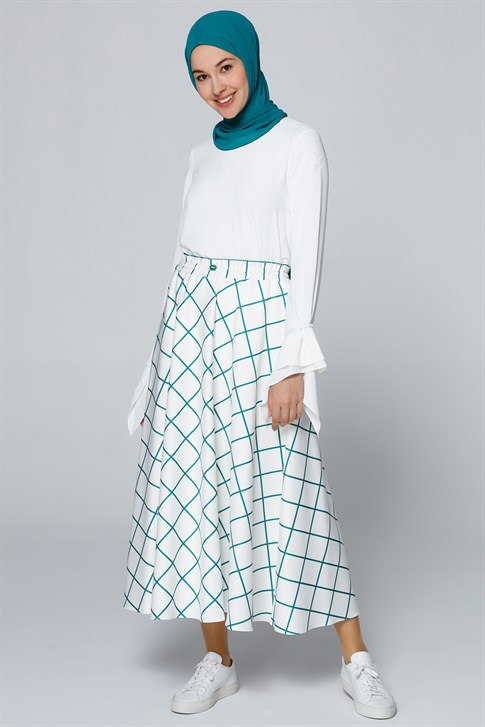 Women's Patterned Green - White Long Skirt