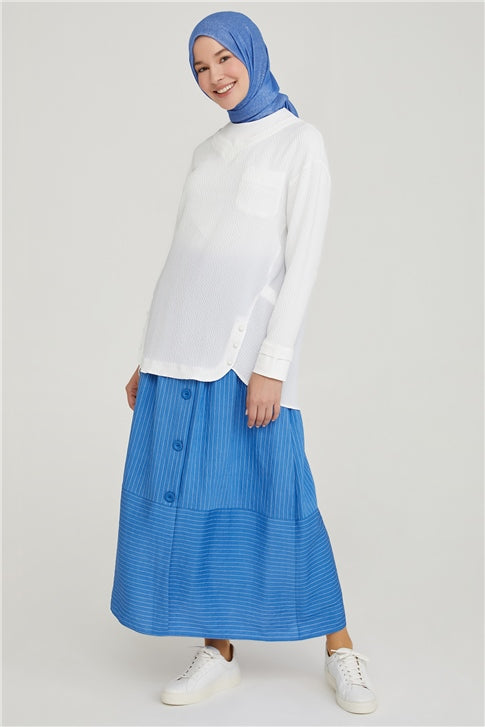 Women's Button Striped Indigo Long Skirt