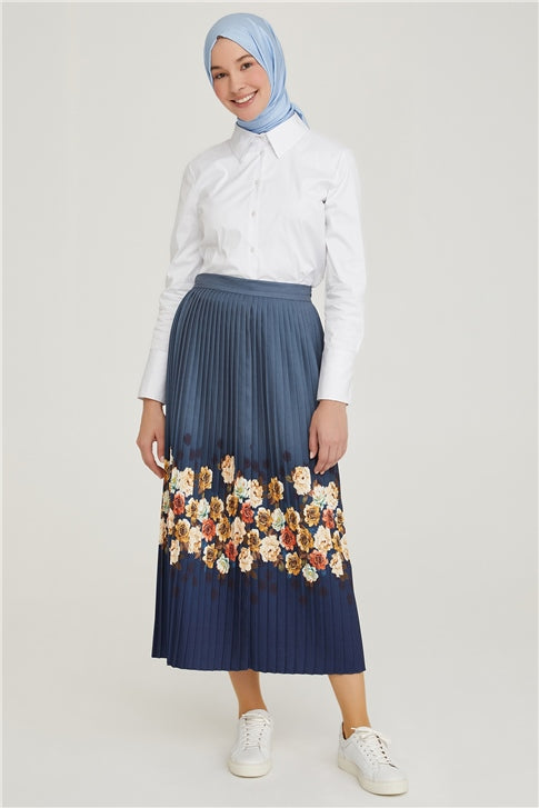 Women's Patterned Indigo Long Skirt
