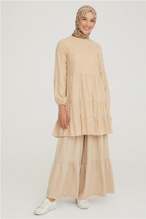 Women's Ruffle Beige Wide Pants