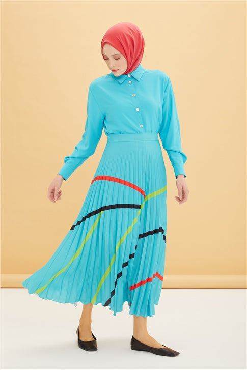 Women's Pleated Turquoise Long Skirt
