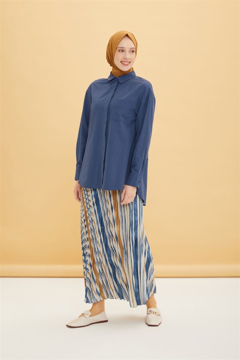 Women's Patterned Pleated Blue Skirt