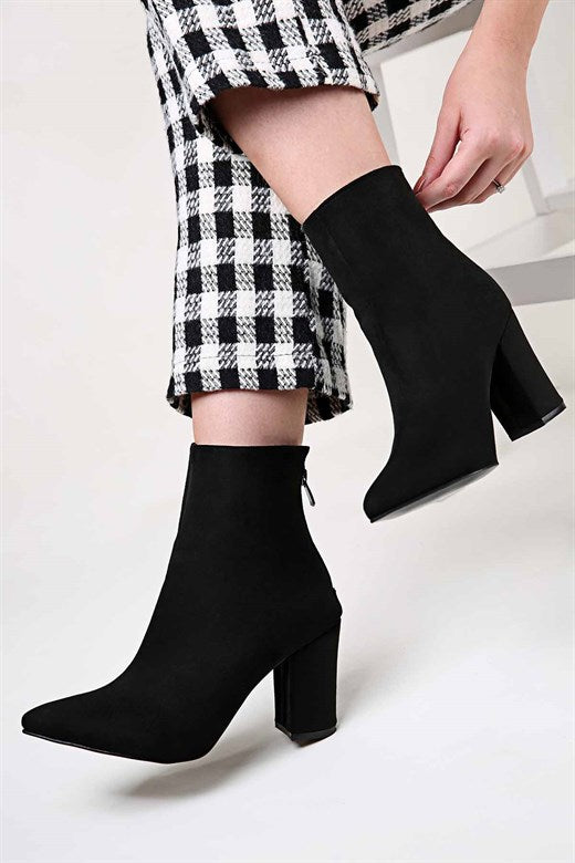 Women's Zipped Black Suede Heeled Boots