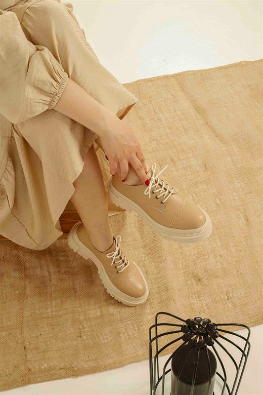 Women's Beige Leather Casual Shoes