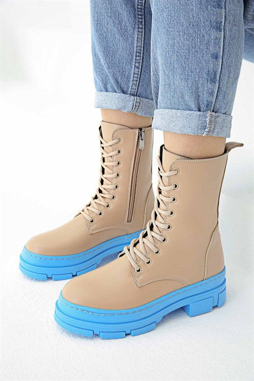 Women's Beige - Blue Combat Boots